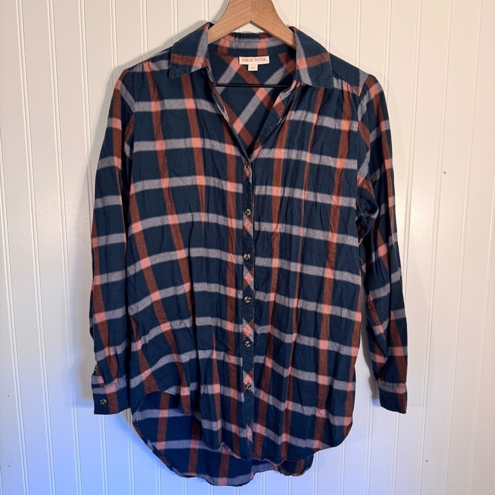 Knox Rose Teal & Orange Plaid Tunic Button Down Flannel Women’s Size Medium